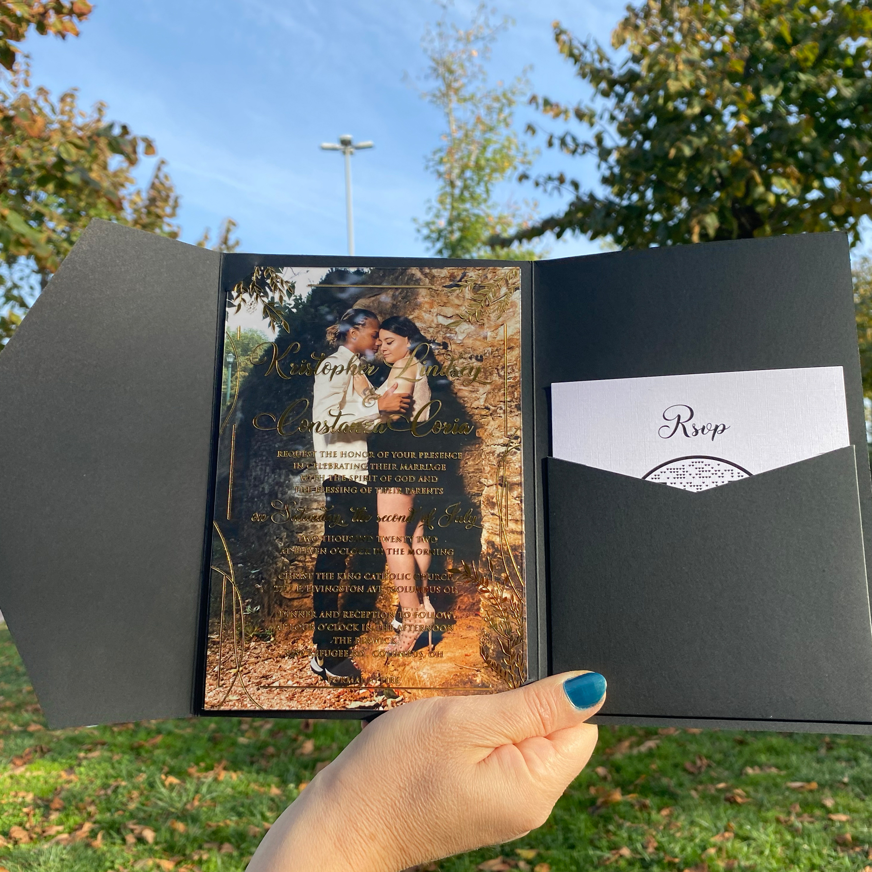 Acrylic wedding invitation with photo,  Photo printed card, Black pocket envelope, Detail card, Gold wax seal